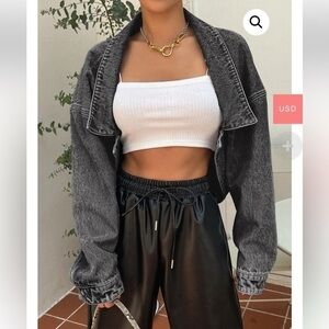 Dazy Cropped Dropped Shoulder Asymmetrical Hem Retro Acid Wash Black Jean Jacket